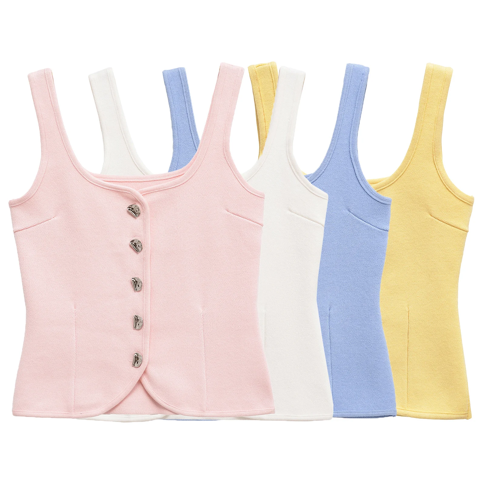 

Women's Slim Fit Casual Knitted Tank Vest Spring Summer Breathable Mid-Elastic Solid Top Square Collar Vest 5536038