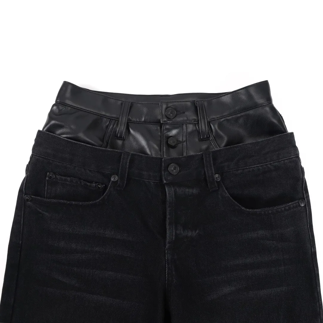 2025 Nuovi pantaloni in denim a gamba larga con cintura in pelle Fusion: jeans Stonewash blu/neri