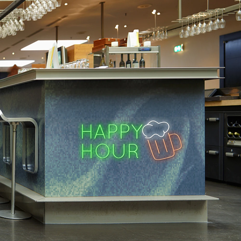 Happy Hour-LED Neon Light Signs, Bar, Clube, Party Logo, Light Up Sign, Alimentado por USB, Beer Room Decor, Decoração do Hotel, Pub, Café, Loja de Lâmpada de Parede, Itens