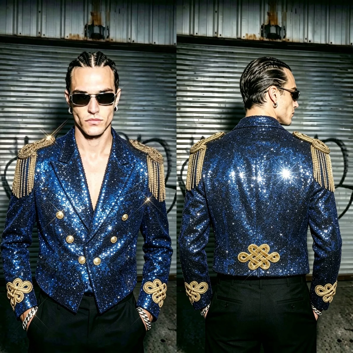 Vintage Sequins Men Suit Rhinestones Tassel Peaked Lapel Double Breasted Formal Party Set 2 Piece Customized Evening Prom Wear
