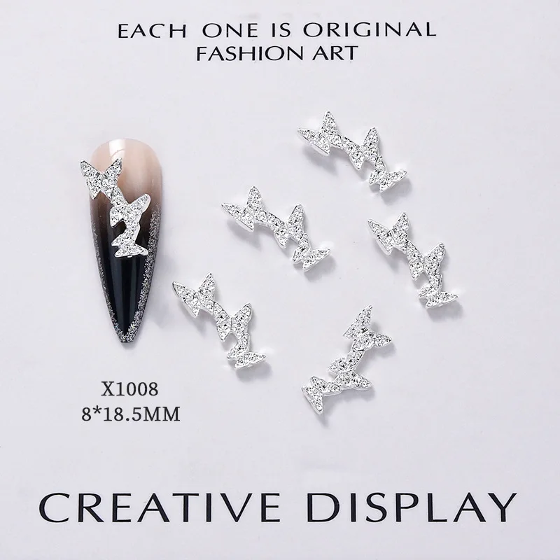 New 10pcs/bag Cute Kawaii Mini nail accessories Metal gold silver Conjoined butterfly DIY nail decoration charms gems Wholesale