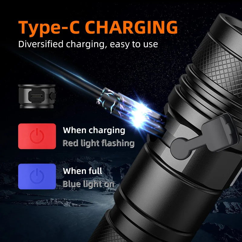 Ultra Bright LED Flashlight With LED Hand Lamp Beads Torch Zoom Full Power Waterproof Flashlights USB Type C Lantern for Camping