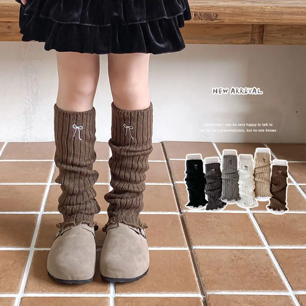 

Children's Leg Warmers Embroidery Bow Knitted Socks Korean Baby Girls Warm JK Foot Cover Cute Sweet Socks Long Stockings