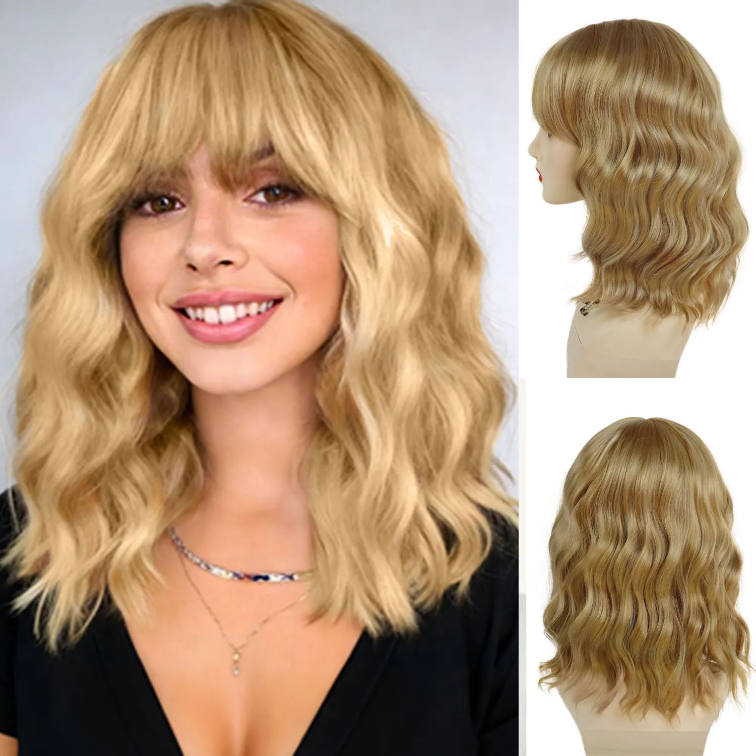 

GNIMEGIL Синтетические волосы Короткий волнистый вьющийся парик для белых женщин Светлые парики с челкой Волна воды Парик Повседневные вечерние повседневные парики для мам