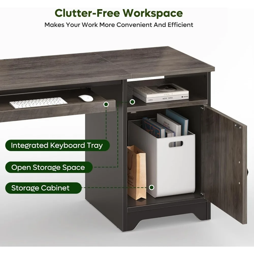 Premium  Office Desk with Keyboard Tray, Industrial Computer Desk with Storage, Reversible Executive Desk with File Cabinet for