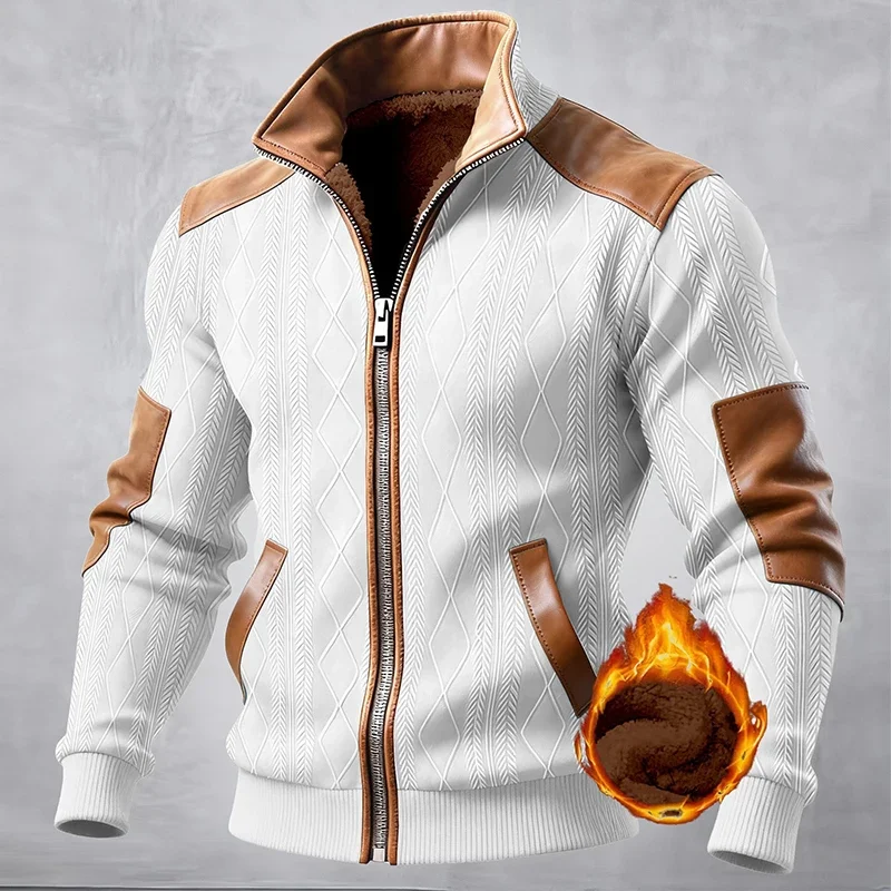 

Fall Winter Warm Mens Fleece Lined Jackets Stylish Jacquard Patchwork Zipper Jacket Coat Men Vintage Stand Collar Slim Outerwear