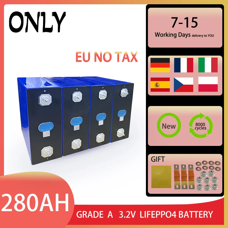 

LiFePO4 Bateria, EVE-280Ah, 3.2V, Bateria Recarregável Prismática, para Armazenamento de Energia Solar, 12V, 24V, 48V Pack, para