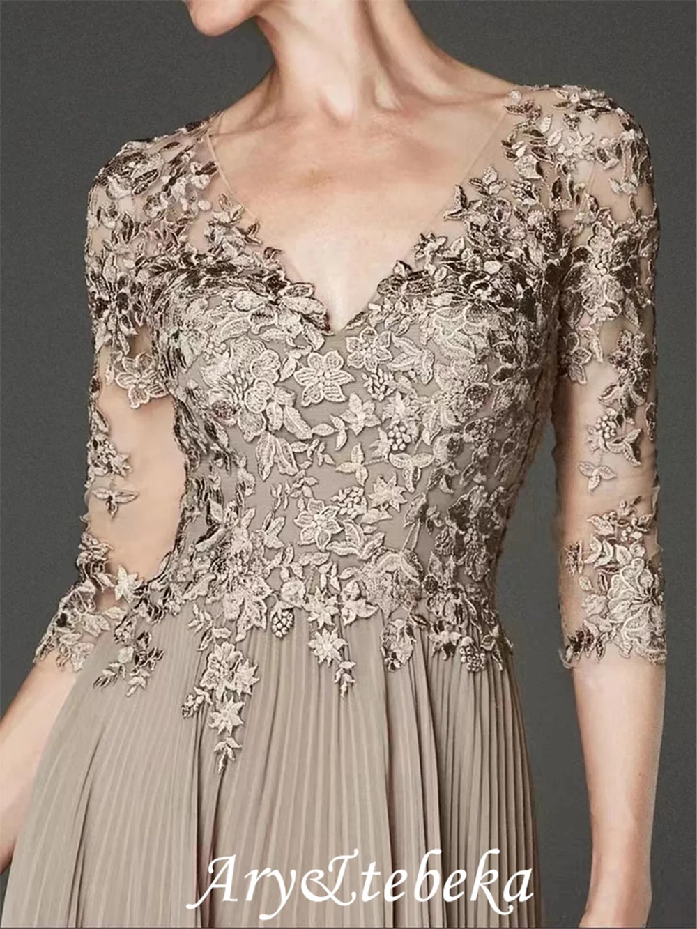 Elegante Champagne Moeder Van Bridal Jurken Kant Applicaties Half Sleeve Lange Bruiloft Gast Jurk Femme Robe De Soiree