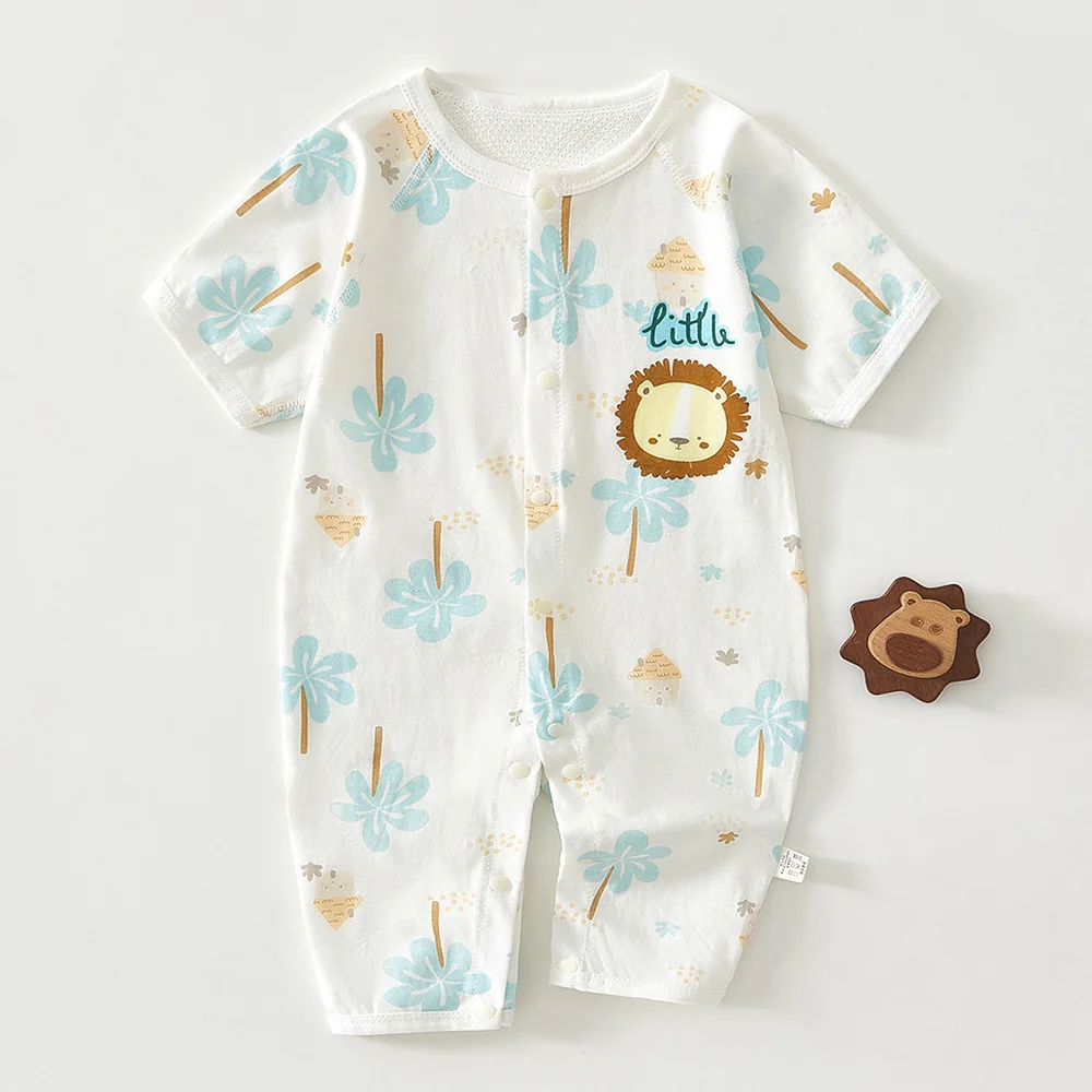 Newborn Baby Summer Romper Short Sleeve Cotton Cute Animal Print Infant Clothing Soft Lightweight Breathable Baby Jumpsuit