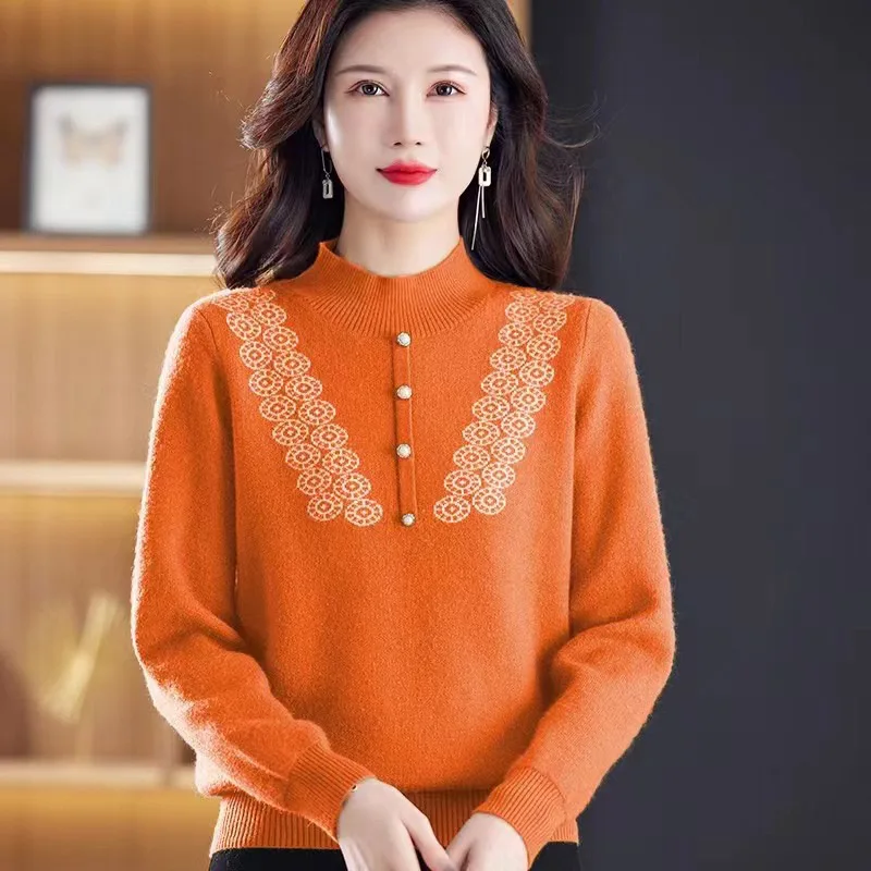 Women's Jacquard Knitted Sweater Winter Warm Sheep Wool 100% Solid Fashion Knitwear Casual Solid Pullovers Female Top