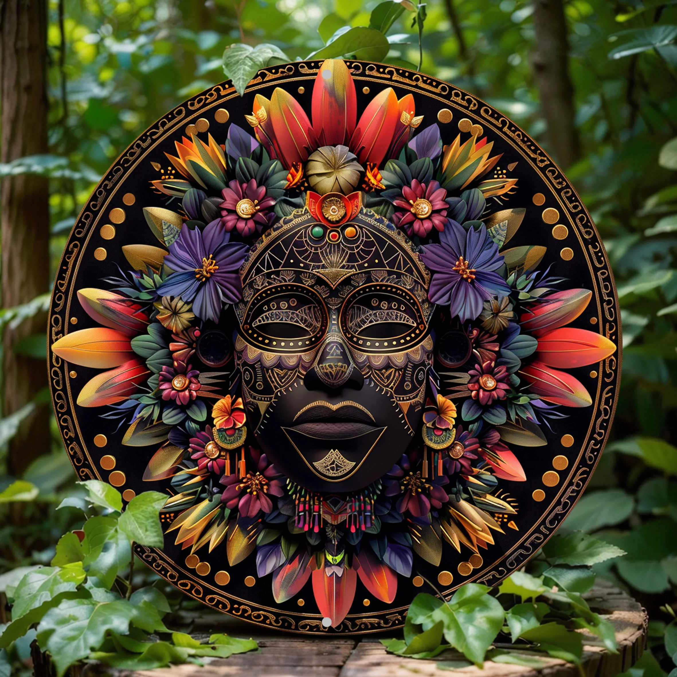 African Mask Themed Wreath Sign, Round Aluminum Wall Decor for Home, Cafe, Apartment & Restaurant Mandala Wall Decor