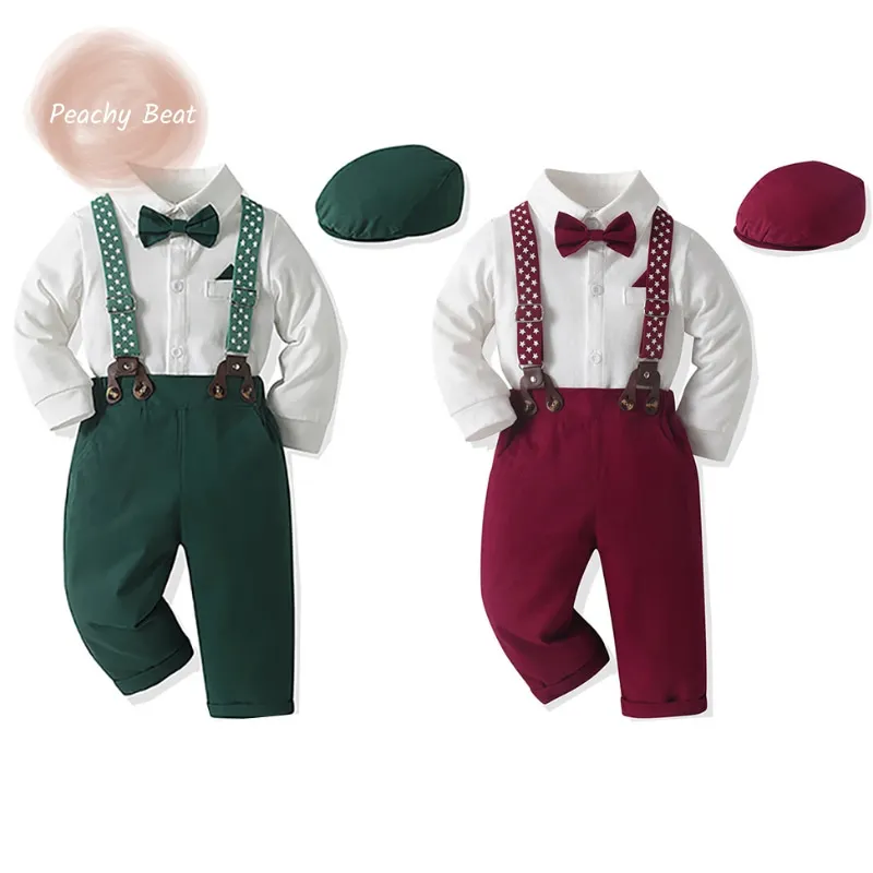 

Baby Boy Cotton Formal Clothes Set Tie Bow Romper Shirt+Hat+Star Suspender Pant 3PCS Infant Toddler Teens Xmas Party Suit 0-2Y