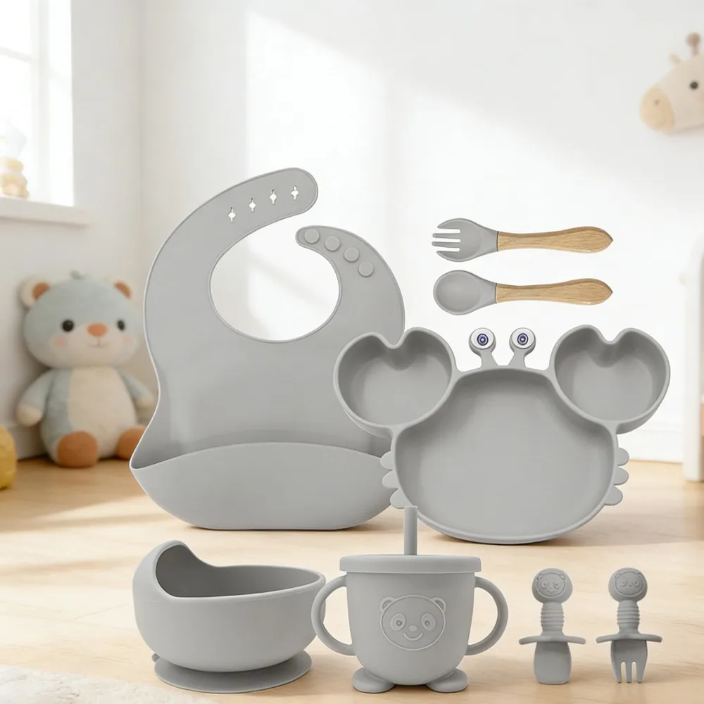 

Набор силиконовых тарелок, посуда для кормления малышей, набор из восьми предметов для младенцев, разделенная миска для кормления в форме краба