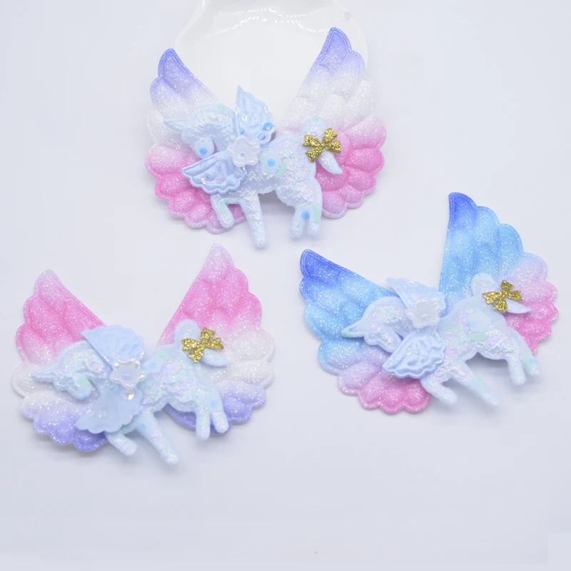 6Pcs Padded Rainbow Wing Decor Horse Pegasus Applique for Clothes Shoes Hat Sewing Patches DIY Headwear Hair Clips Accessories