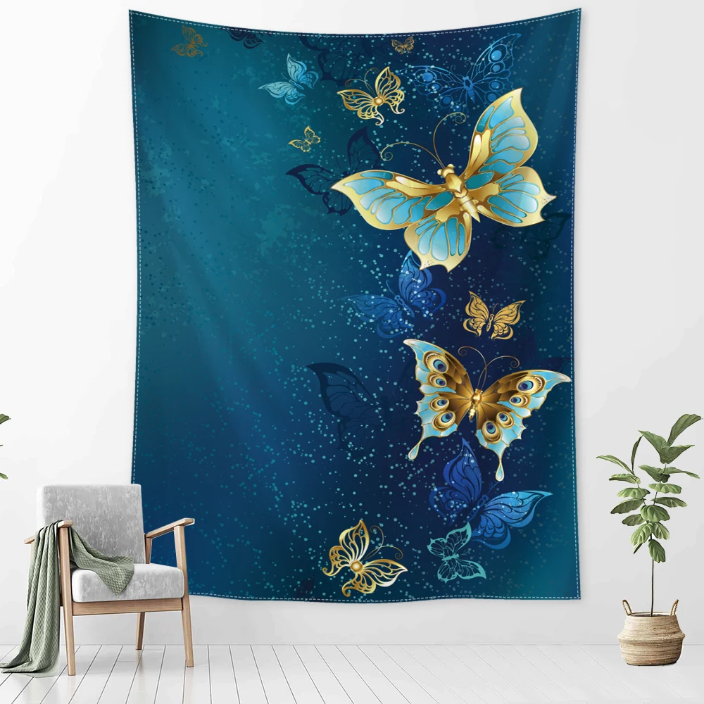 Blue green butterfly printed tapestry, retro style, suitable for wall decoration in bedrooms, study rooms, and living rooms
