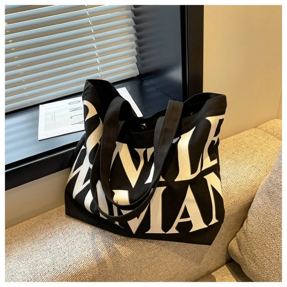 Large Capacity Canvas Tote Bag Women Minimalist Shoulder Handbag Letter Print Casual Commuter Fashion Shopping Travel Purse