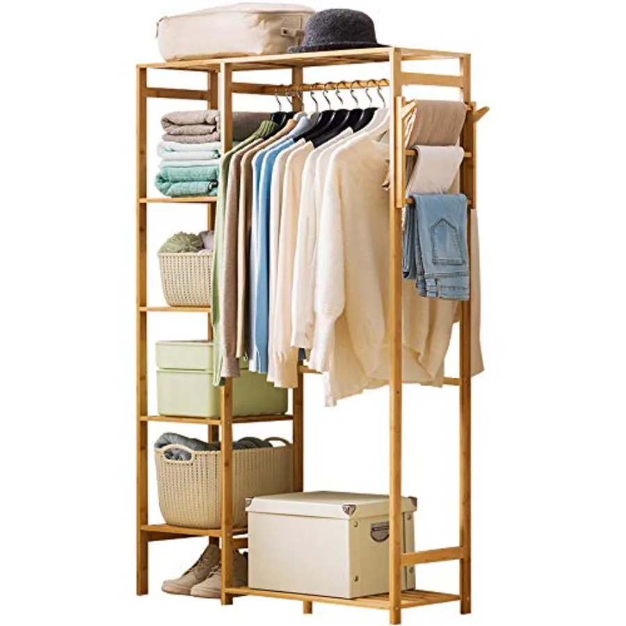 

Bamboo Garment Rack 6 Tier Storage Shelves Clothes Hanging Stand with Side Hooks Heavy Duty Clothing Rack Portable Wardrobe Clo