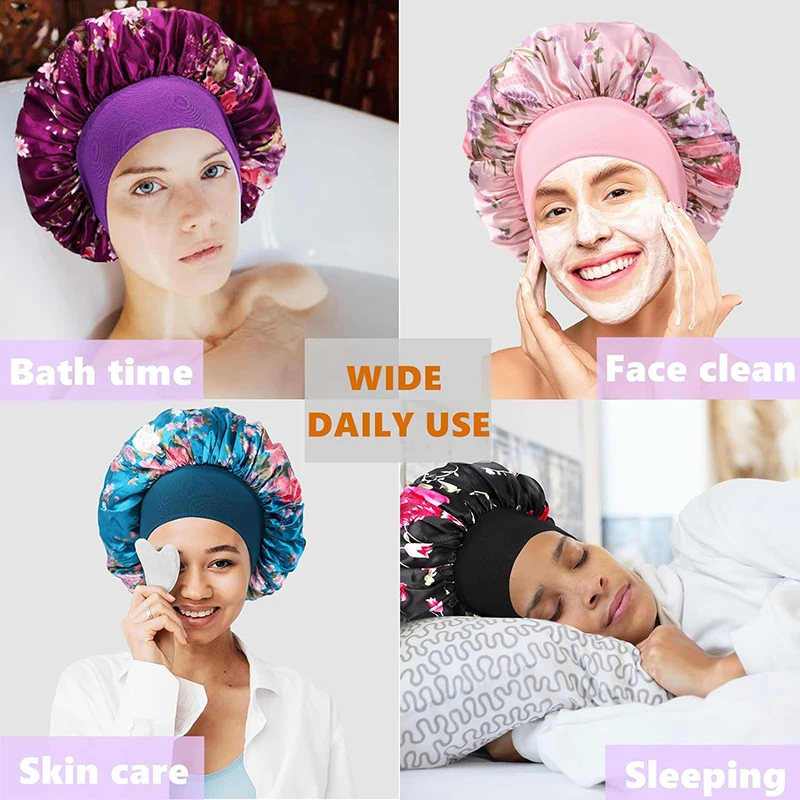4 TEILE/LOS Satin Breite Krempe Floral Schlummertrunk Motorhaube Haar Wrap Nacht Schlafen Schlaf Kappe Elastische Weiche Band Haarpflege Dusche hut – Detail 7
