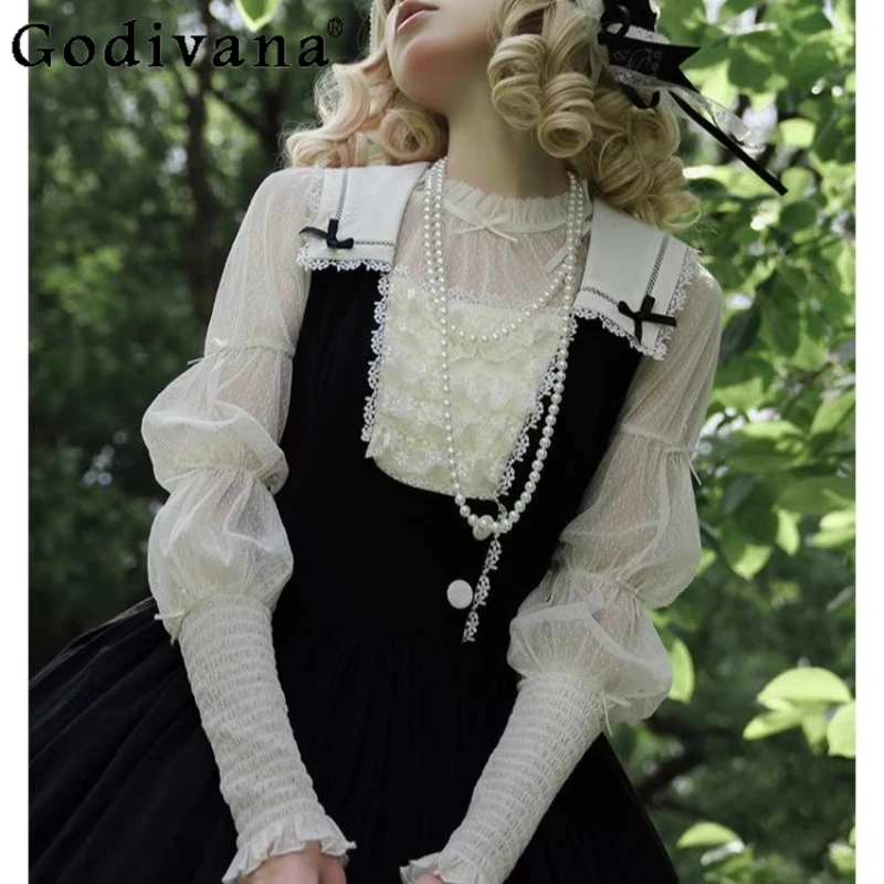 

New Lace-up Gauze Light Long Sleeve Spring Summer Lolita Shirt Sweet Women Round Neck Versatile Age-reducing Fashion Blouse Top