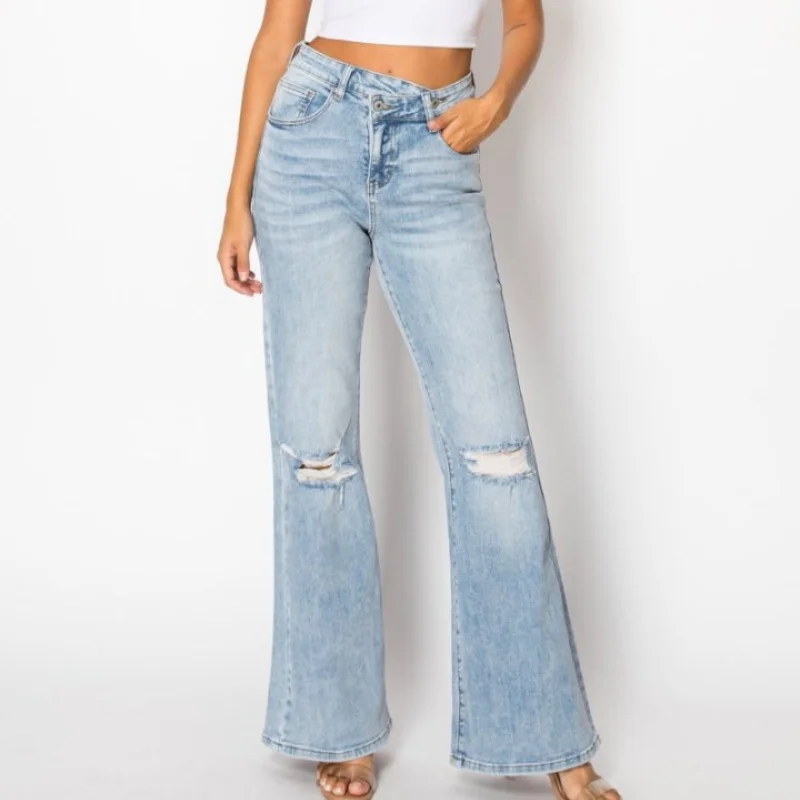 

Women High Rise Stretch Ripped Wide Leg Jeans Light Wash Streetwear Fashion Casual Denim Pant Trouser Vintage Skinny Jeans