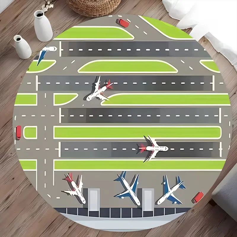 Airport Runway Airplane Print Round Area Rug Non-Slip Kids Play Mat Fun City Map Aircraft Themed Floor Carpet for Playroom