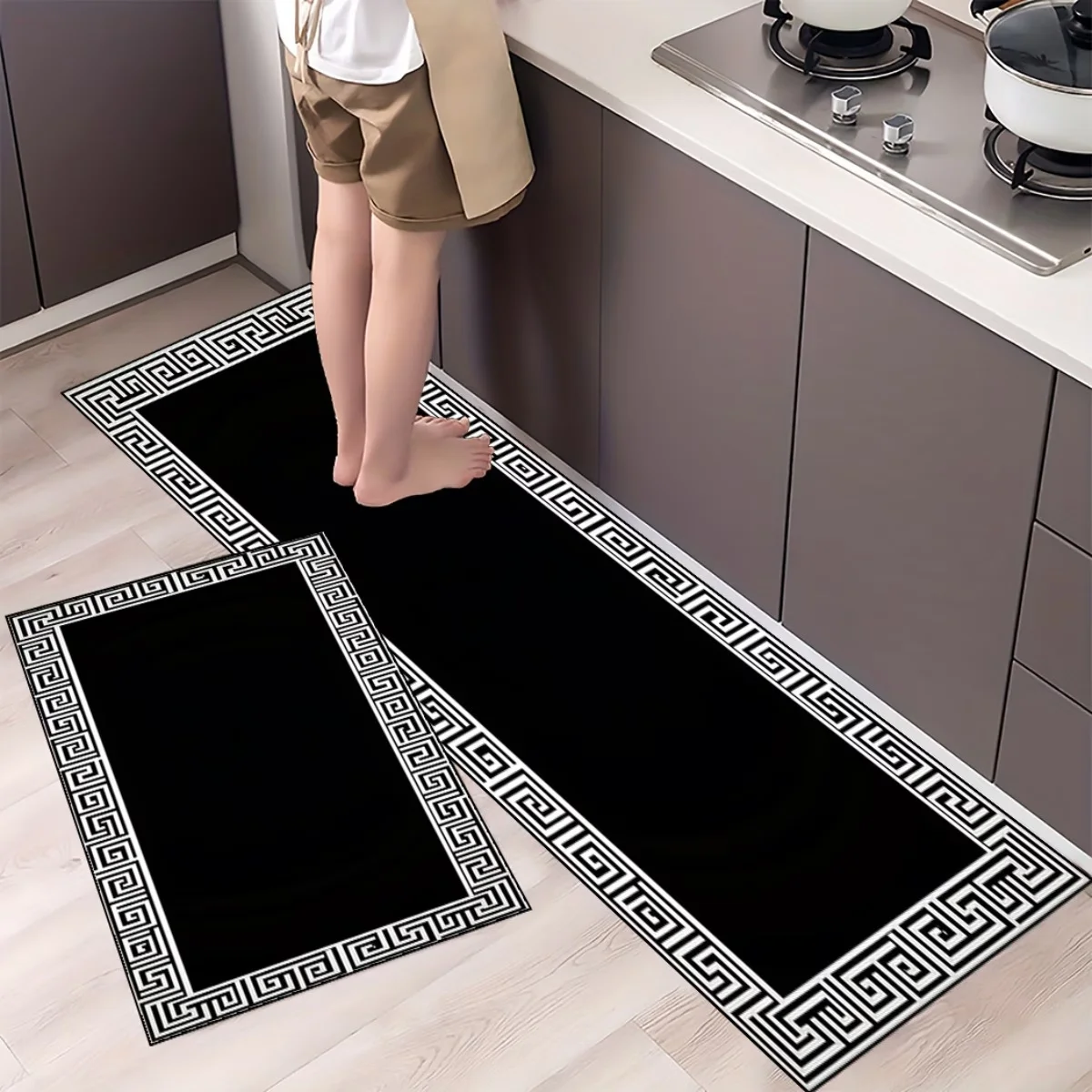 Geometric Greek Key Kitchen Runner Rug Minimalist Black White Meander Border Non-Slip Washable Long Floor Mat Hallway Home Decor