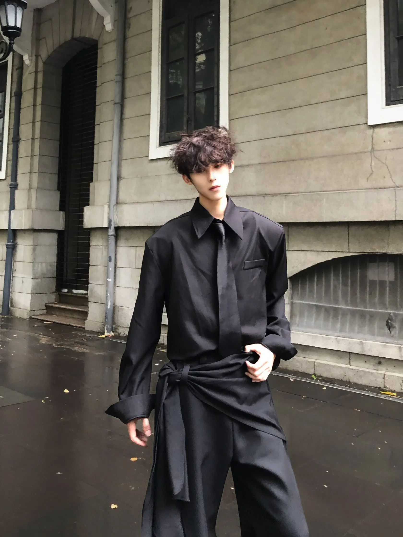 

HANYARTN Original Men's Long Sve irt oulder Pads Loose Fit Ele Draped Pure Color Casual Sle Chinese Manufacturer