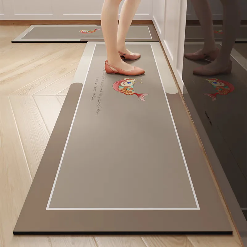 VIKAMA Retro kitchen floor mat, anti slip and oil resistant, kitchen specific Diatom mud mat, household kitchen carpet