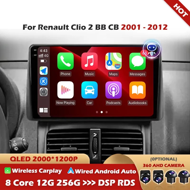 

For Renault Clio 2 BB CB 2001 - 2012 Car Radio Carplay Navigation GPS Android Auto Screen Stereo No 2din DVD 5G Wifi BT DSP