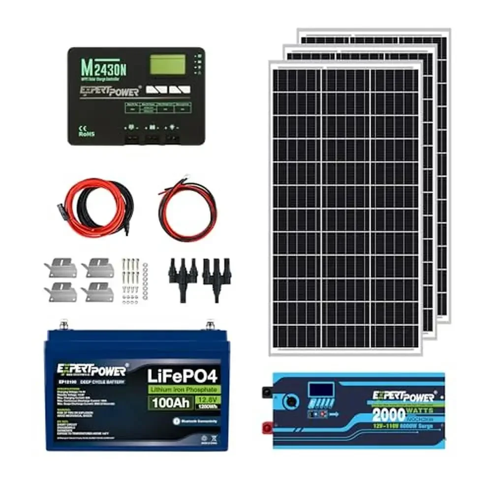 12V Off-Grid Solar Power System LiFePO4 Battery 100Ah 300W Panel 30A MPPT Inverter Kit