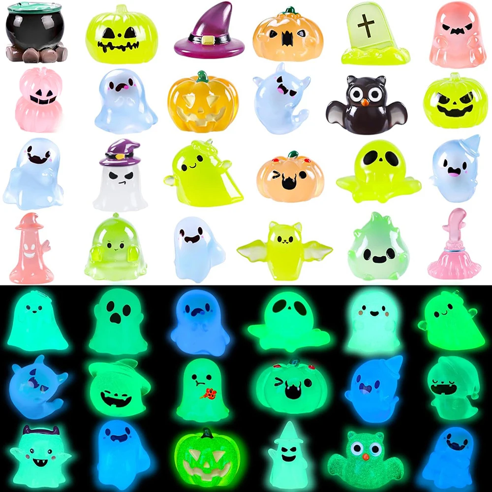 32PCS Halloween Luminous Mini Figures Tiny Resin Figures to Hide Small Pumpkin Skull Figures for Party Garden Dollhouse Decor