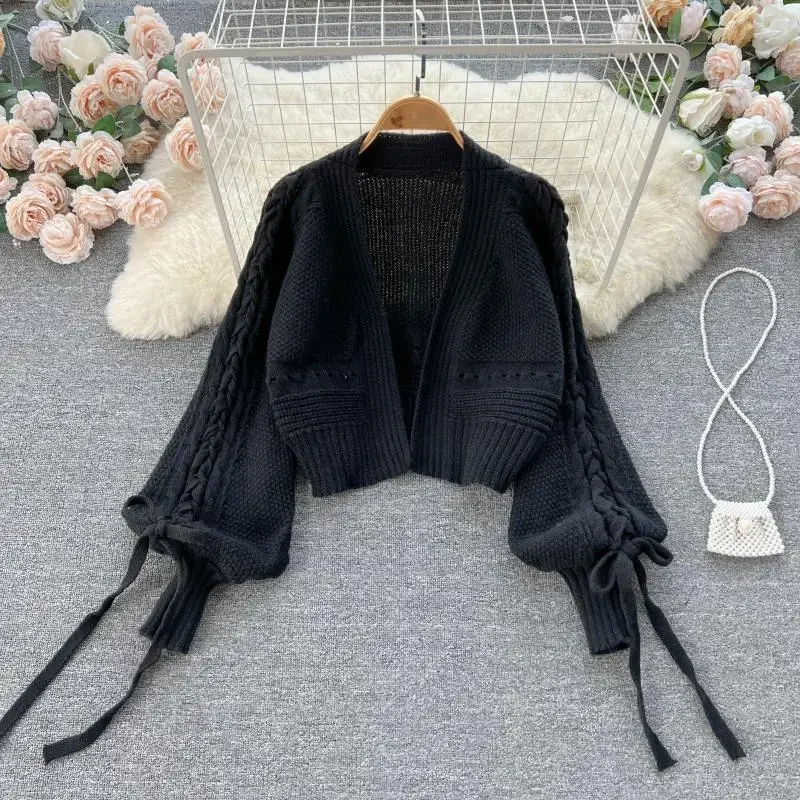 Beige casual acrylic knit V-neck lantern long sleeve lace up WOMEN'S cardigan sweater short cardigan for women clothing 2024