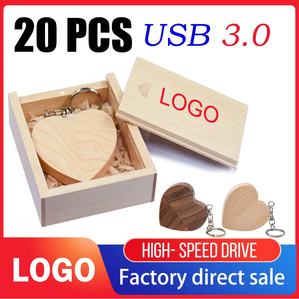 

20 шт./лот, деревянное сердце + коробка, флэш-накопитель USB 3,0, 64 ГБ, 32 ГБ, 16 ГБ, 8 ГБ, 128 ГБ, 4 ГБ U-диск, фотография, свадебный подарок