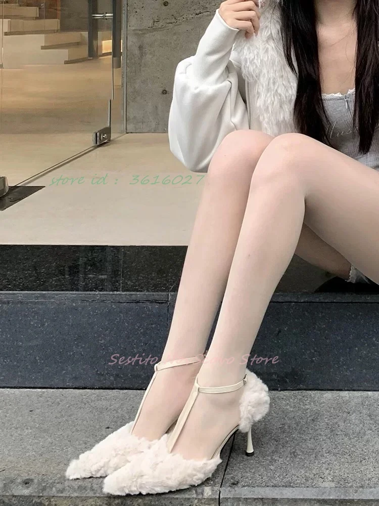 Lamb Wools T Straps High Heels Sandals Pointed Toe Sweet Women Winter Warm Pumps Shallow Classic Sexy Ladies Daily Dress Shoes