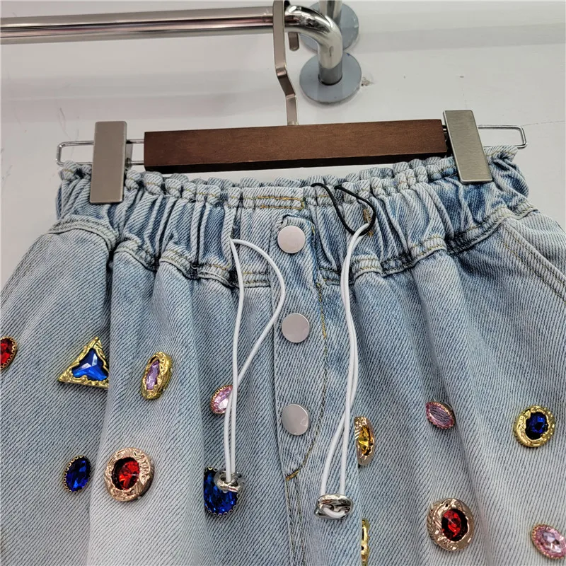 Heavy Color Diamond Denim Shorts for Women Elastic High Waist Loose Slimming Wide Leg Jeans Shorts 2023 New Summer Short Femme