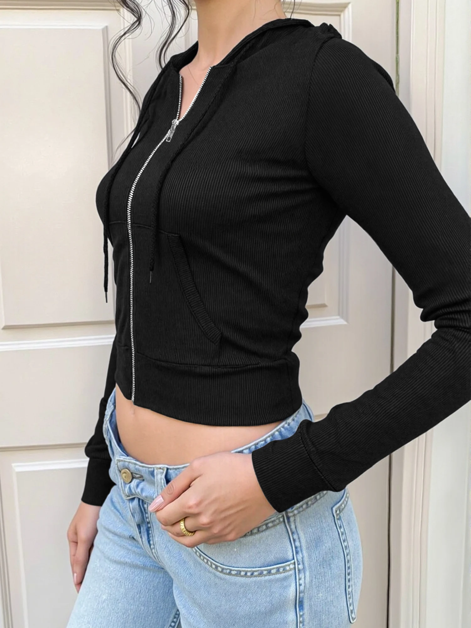 Trendy Ribbed Cropped Zip Hoodie Jacket, Slim Fit Hooded Sweatshirt for Street & Date Outfits