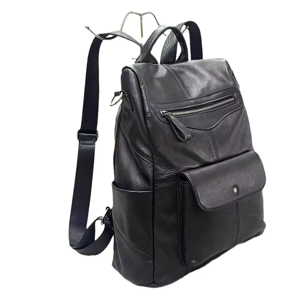 Black Real Cow Leather Backpack Casual Ladies Genuine Leather Backpack Fashion Girls Double Shouder Bag