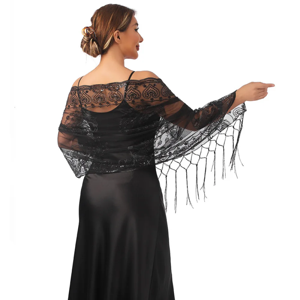 Peacock Embroidery Sequin Wrap Tassel Shawl Women Elegant Evening Party Gown Scarf Wedding Accessory Stole Cape