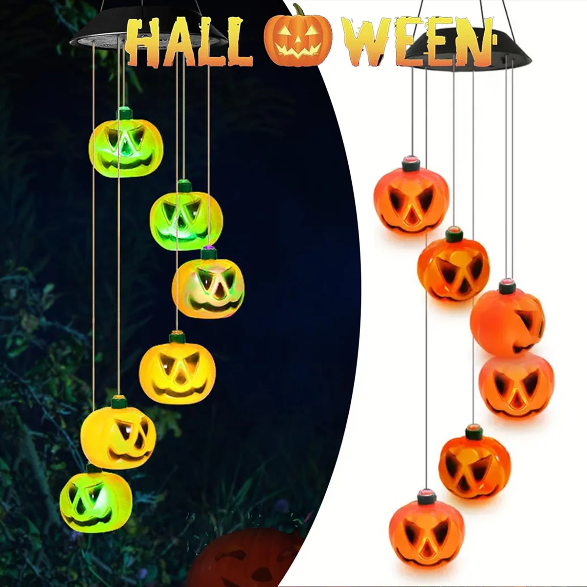 Solar-Powered Halloween Pumpkin Wind Chimes with Colorful LED Lights Angry Pumpkin Hanging Decor for Garden Porch Patio Windows