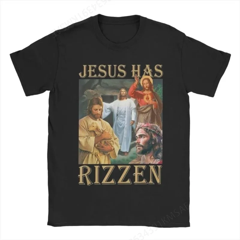 Jesus Has Rizzen Meme Men's T Shirt Leisure Tees Short Sleeve O Neck T-Shirts  Cotton Summer Tops