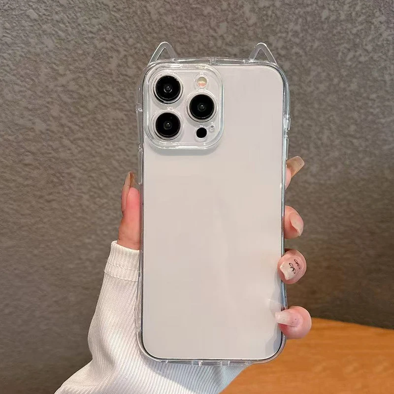Cute Cat 3D Ears Transparent Phone Case For iPhone 17 Pro Max 11 15 13 16 12 14 Plus Soft Clear TPU Back Cover Shell