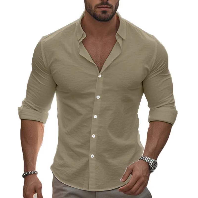 Solid Color Cotton Plain Shirt Men Classic Button-up Lapel Long Sleeve Shirts Spring/ Summer Fashion Loose Mens Top Shirts