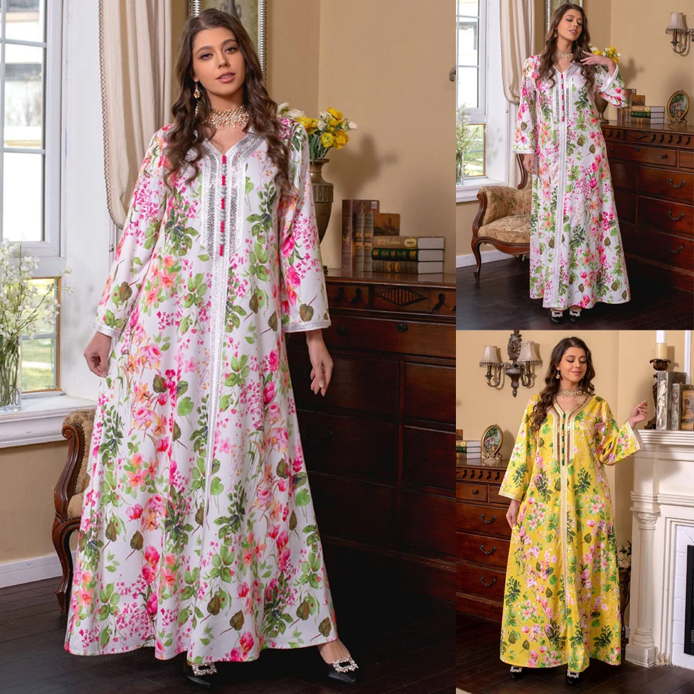 

Fashion Floral Print Muslim Dress Women Dubai Arab Abaya Dubai Arabic Turkey Moroccon Kaftan Islamic Clothing India Gown Robe