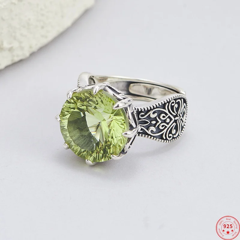 

S925 Sterling Silver Rings for Women Men Retro Eternal Rattan Pattern Inlay Natural Lemon Quartz Fashion Jewelry Wholesale