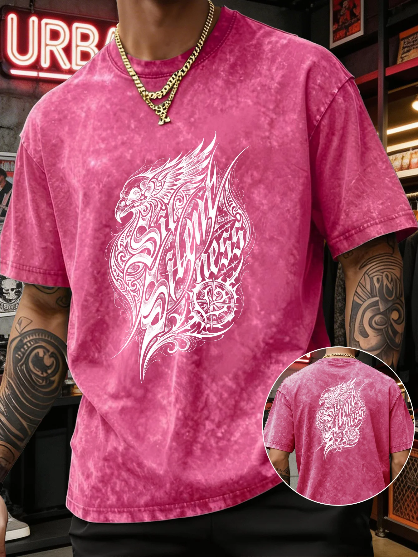 Men's Heavyweight T-shirt Graffiti Eagle Compass Letter Print Vintage Acid Wash Streetwear Hip Hop Cotton Summer Casual S-3XL
