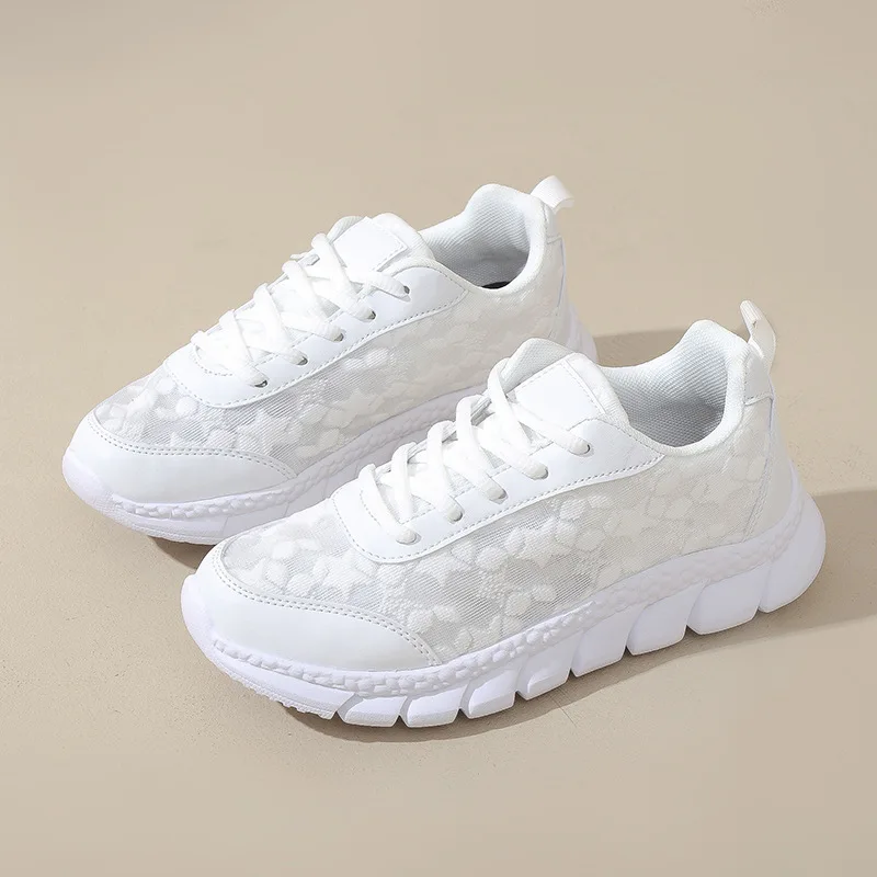 Women Pattern Lace-up Breathable Sneakers Daily Casual Round Toe White Sports Shoes Spring Fashion Going Out Running Shoes