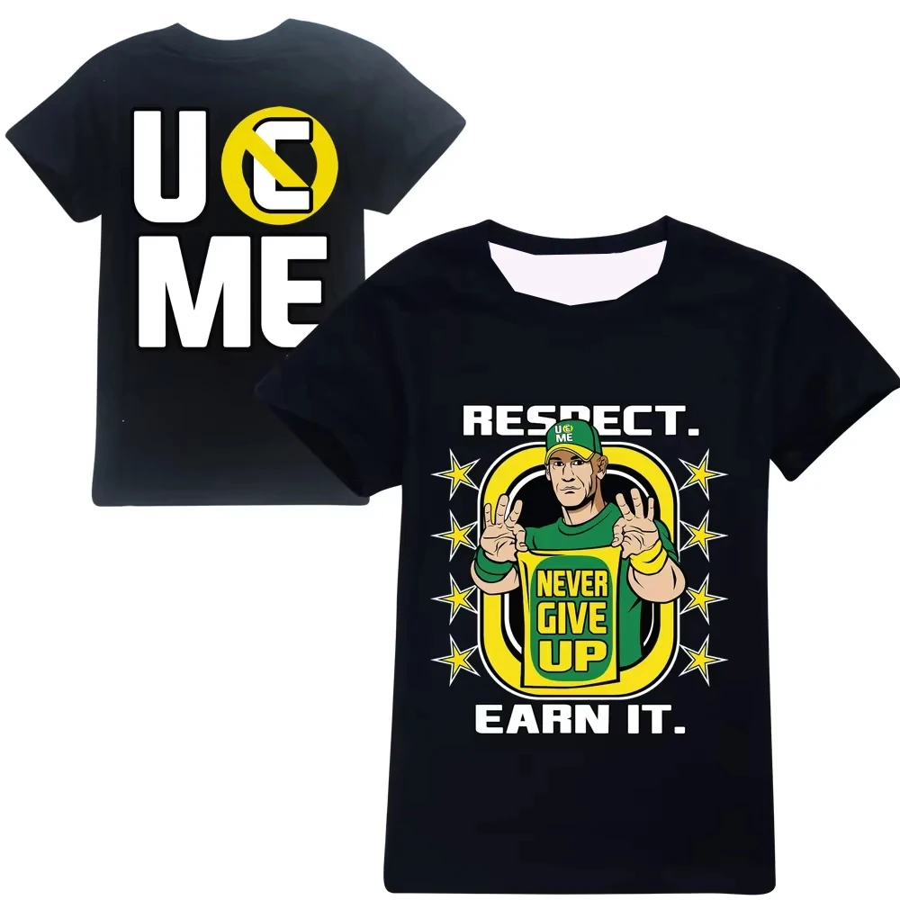 Never Give Up John Cena Double Side Graphic Kids Black T Shirt Wrestling U Cant See Me Design Short Sleeve Wear For Boys Girls