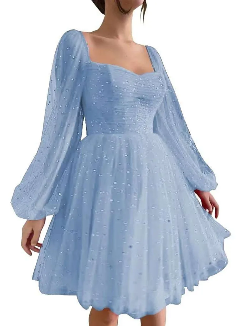 Robe de bal courte en Tulle scintillant, personnalisée, Mini robe de Cocktail moelleuse à manches longues, pour événements spéciaux