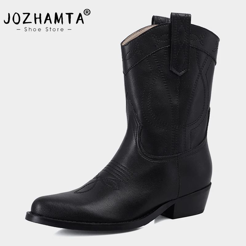 

JOZHAMTA Size 34-39 Western Boots For Cowgirl Suede Genuine Leather Chunky Heels Shoes Woman Winter Casual Cowboy Short Boots