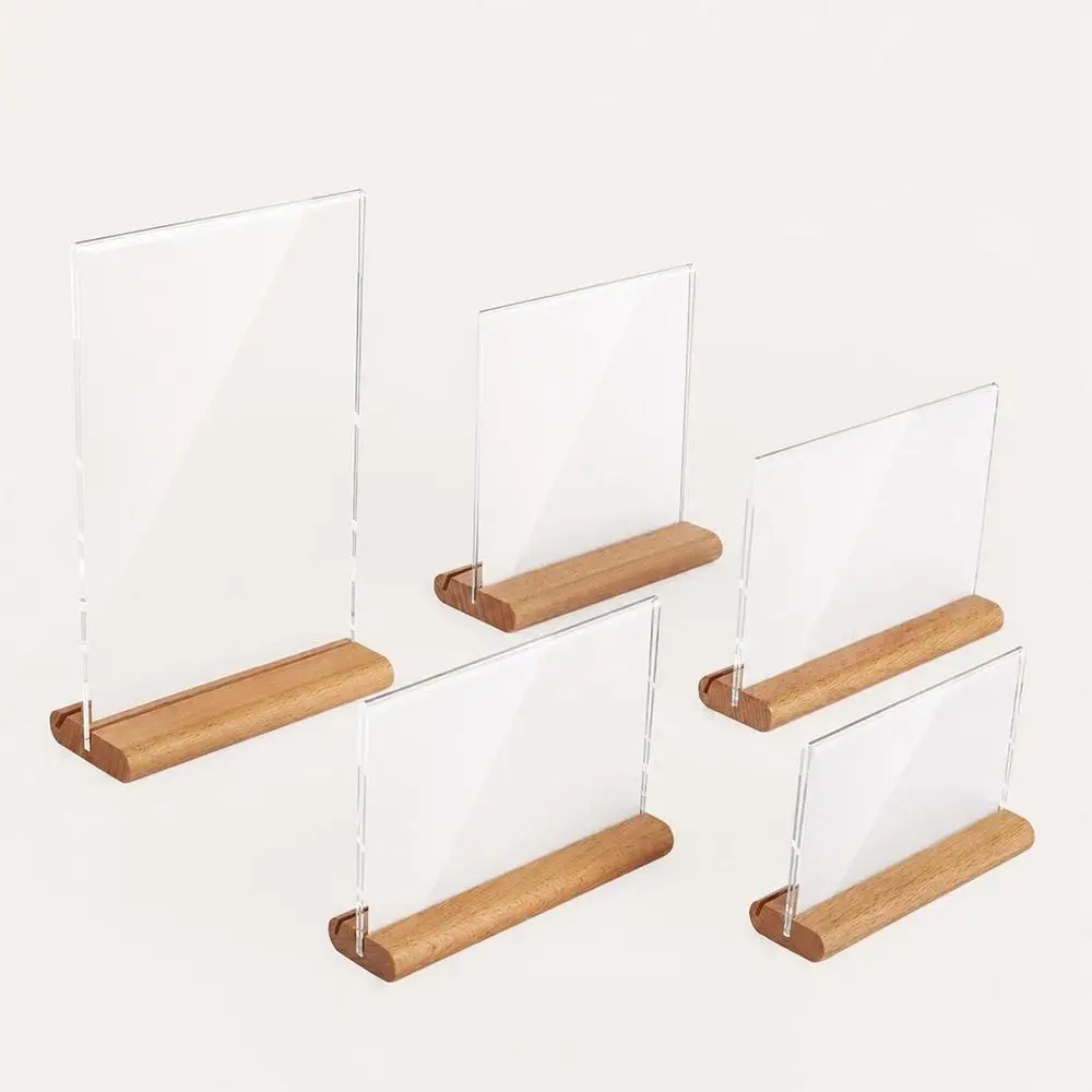 Transparent Acrylic Table Sign Card Holder Solid Wood Base Desktop Standing Price Display Stand Vertical Standing